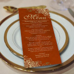 Menu Elégant Frills or sur rouille Orange Mariage<br><div class="desc">Ce beau menu ajoutera un peu de style à votre réception de mariage. Il présente un design magnifique avec des boucles dorées en faux feuille et des tourbillons sur un arrière - plan marbré de couleur orange rouille. Il y a de l'espace pour les noms du couple et la date...</div>