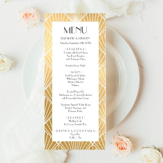 Menu Elégant Gatsby Art Déco Mariage blanc & or