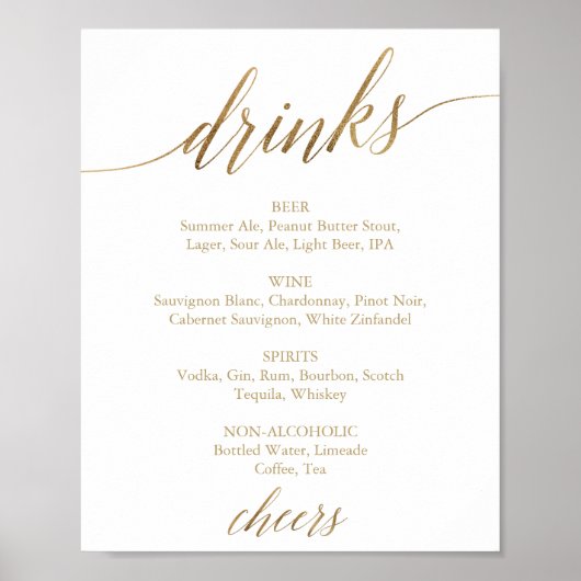 Menu Elegant Gold Calligraphy Drink Sign Poster (Voorkant)