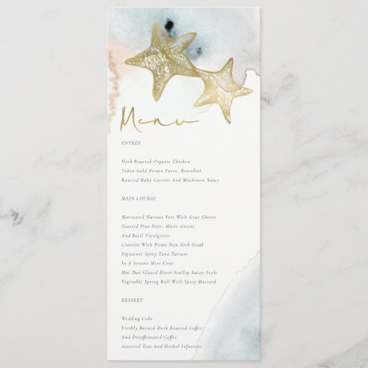 MENU ÉLÉGANT GOLD DUSKY BLUE BEACHING STARFISH MARIAGE (Devant)