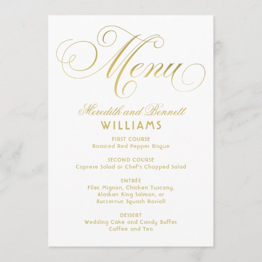 Menu Élégant Gold Faux Foil Calligraphie Script Mariage (Devant)