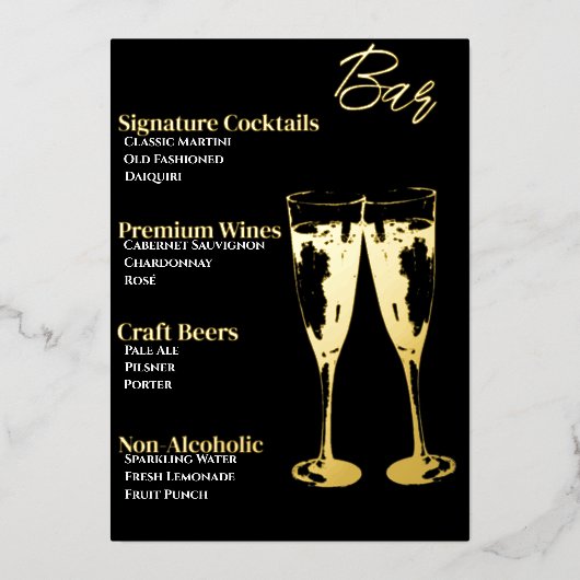 Menu Élégant Gold Foiled Cocktail Party Bar Menu (Recto)