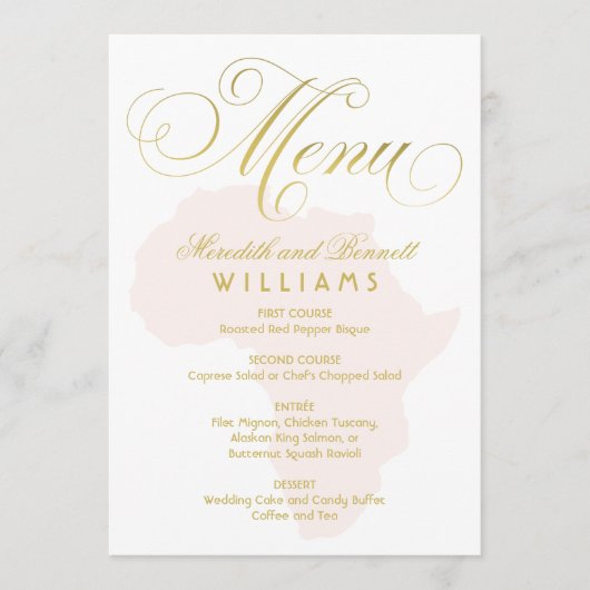Menu Élégant Gold Script Blush Pink Afrique Mariage (Devant)
