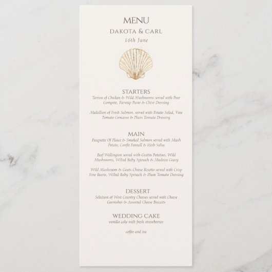Menu Elegant Gold Seashell Creamy Double Side Wedding (Devant)