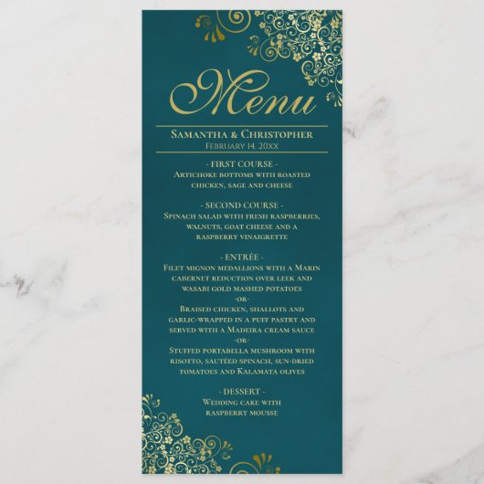 Menu Elegant Golden Curls & Swirls on Teal Wedding (Devant)