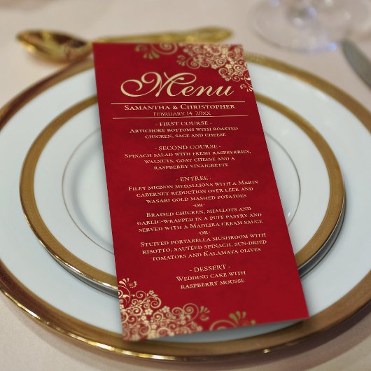 Menu Elégant Golden Frills sur Crimson Red Mariage