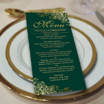 Menu Elégant Golden Frills sur Emerald Green Mariage<br><div class="desc">Ce beau menu ajoutera un peu de style à votre réception de mariage. Il présente un design magnifique avec des boucles dorées ornées et des tourbillons sur un arrière - plan couleur vert émeraude. Il y a de l'espace pour les noms du couple et la date du mariage, et le...</div>