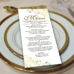 Menu Elégant Golden Frills sur Mariage blanc<br><div class="desc">Ce beau menu ajoutera un peu de style à votre réception de mariage. Il présente un design magnifique avec des boucles dorées et des tourbillons sur un arrière - plan blanc classique. Il y a de l'espace pour les noms du couple et la date du mariage, et le texte est...</div>