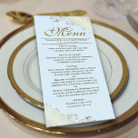 Menu Elégant Golden Frills sur Mariage bleu poudre légè<br><div class="desc">Ce beau menu ajoutera un peu de style à votre réception de mariage. Il présente un design magnifique avec des boucles dorées ornées de faux feuillages et des tourbillons sur un arrière - plan bleu poudreux pâle. Il y a de l'espace pour les noms du couple et la date du...</div>