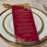Menu Elégant Golden Frills sur Mariage Bourgogne<br><div class="desc">Ce beau menu ajoutera un peu de style à votre réception de mariage. Il présente un design magnifique avec des boucles et des tourbillons dorés ornés sur un arrière - plan bordeaux, marron ou rouge vif. Il y a de l'espace pour les noms du couple et la date du mariage,...</div>