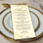 Menu Elégant Golden Frills sur Mariage crème<br><div class="desc">Ce beau menu ajoutera un peu de style à votre réception de mariage. Il présente un design magnifique avec des boucles et des tourbillons dorés ornés sur un arrière - plan couleur ivoire, crème ou blanc cassé. Il y a de l'espace pour les noms du couple et la date du...</div>