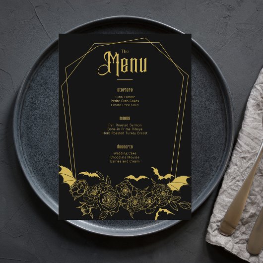 Menu Élégant gothique Floral Mariage or noir