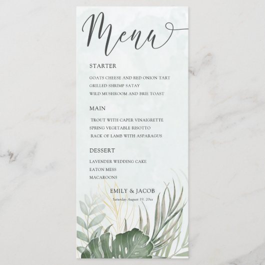 Menu Elegant Green Tropical Watercolor Wedding (Devant)