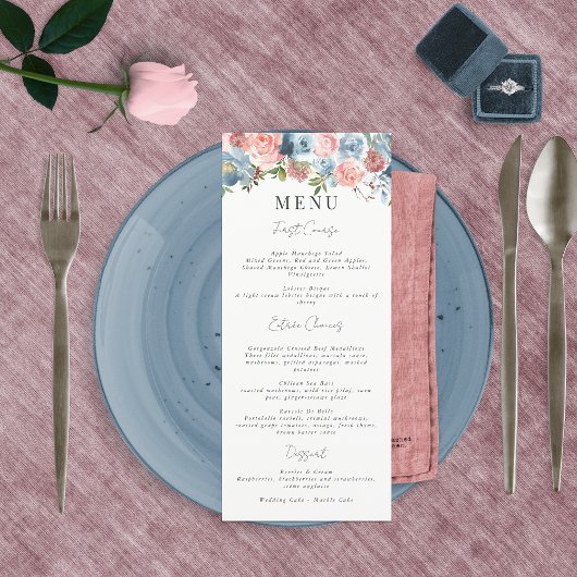 Menu Élégant Guirlande Florale Bleu Poussiéreux et Rose