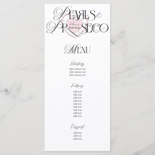 Menu Elegant Heart Pearls Prosecco Fête des mariées Bub (Devant)