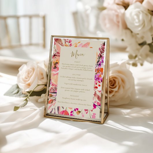 Menu Elegant Hot Pink Watercolor Floral Custom Wedding