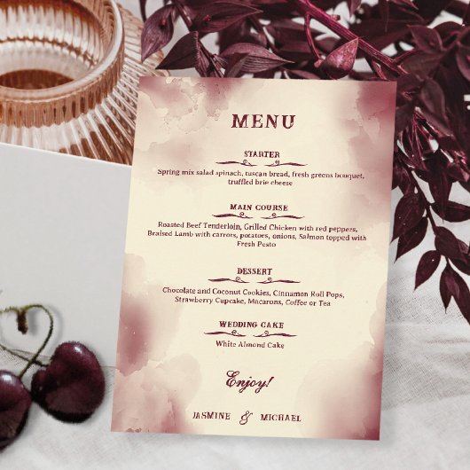 Menu Elegant Ivory and Burgundy Retro Wedding Simple