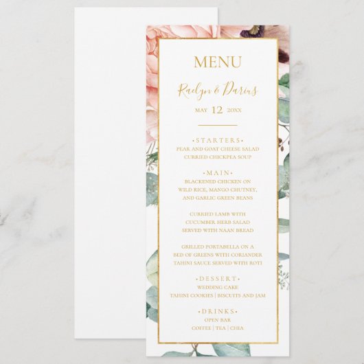 Menu Elégant Jardin Floral Blush | Dîner Mariage (Devant / Derrière)