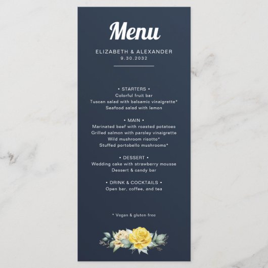 Menu Elégant jaune roses aquarelle marine bleu mariage (Devant)