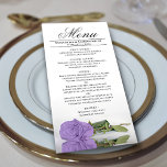 Menu Élégant Lavande violet Rose Réflexions Mariage<br><div class="desc">Ce beau menu ajoutera un peu de style à votre réception de mariage. Il présente un design magnifique et romantique, avec un seul rose couleur violet clair ou lavande allongé sur son côté, se reflétant dans un bassin d'eau avec vagues et ondulations. Il y a de l'espace pour les noms...</div>