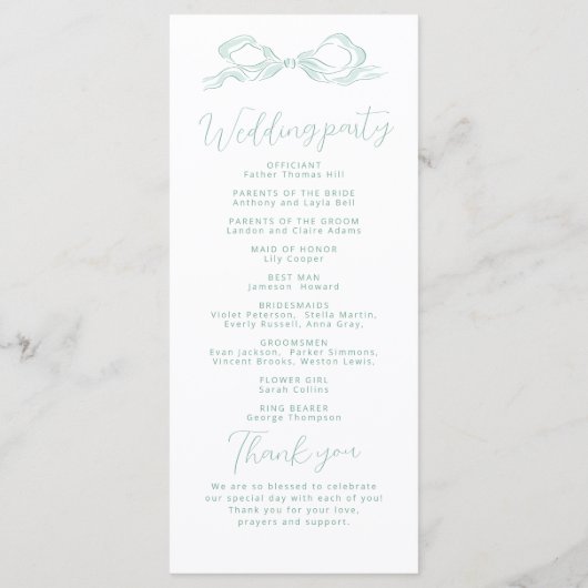 Menu Elegant Light Green Hand Drawn Bow Wedding Program (Dos)