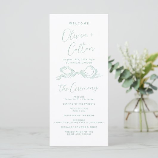 Menu Elegant Light Green Hand Drawn Bow Wedding Program (Debout devant)