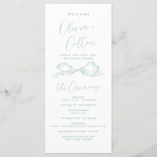 Menu Elegant Light Green Hand Drawn Bow Wedding Program (Devant)