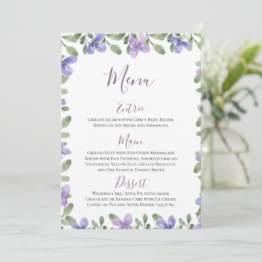 Menu Elégant Lilac Dusty Blue Floral Mariage Réception (Debout devant)