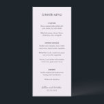 Menu Élégant Lilac Mariage moderne<br><div class="desc">Menu mariage moderne avec un design simple et minimal avec vos noms dans un script manuscrit contemporain. La palette de couleurs est lavande / violet et peut être modifiée dans l'outil de montage de conception. Ce design contemporain convient à tous les styles de mariage.</div>