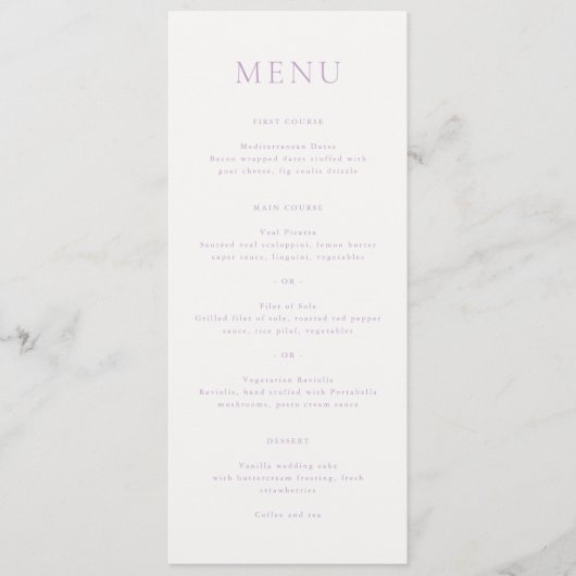 Menu Élégant Lilac Script Monogram Mariage (Devant)