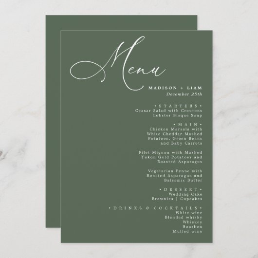 Menu Elégant Lovely calligraphie Mariage vert (Devant / Derrière)