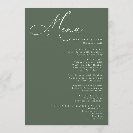 Menu Elégant Lovely calligraphie Mariage vert (Devant)