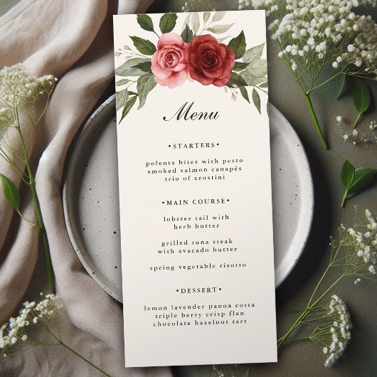 Menu Élégant mariage à l'aquarelle avec roses et feuill