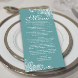 Menu Elégant Mariage Aqua Turquoise ou foncé et boucles<br><div class="desc">Ce joli menu turquoise, turquoise ou couleur aqua foncé ajoutera un peu de cachet à votre réception de mariage. Il présente un design simple mais beau avec des lettres de script élégantes et orné de boucles et de tourbillons blancs décoratifs dans les coins. Il y a de l'espace pour les...</div>