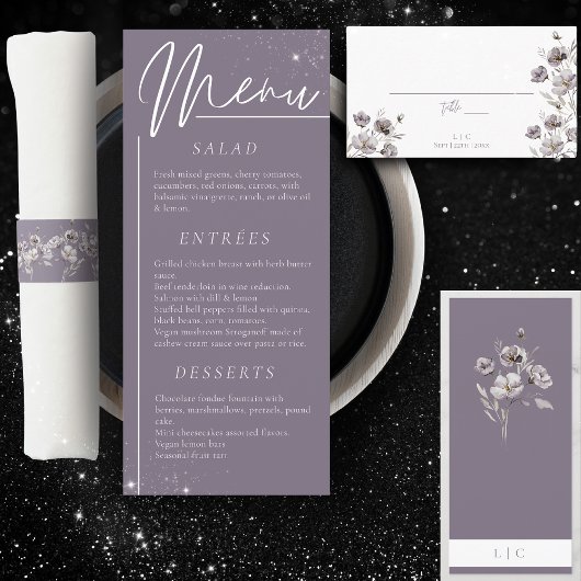 Menu Elégant mariage aquarelle fleur violet dîner