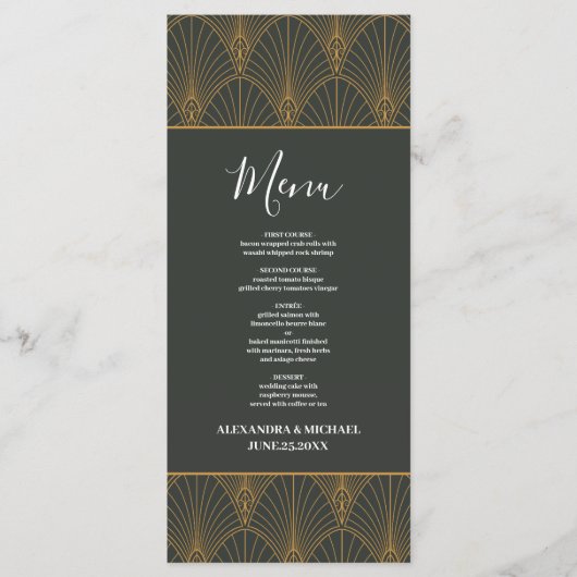 Menu Élégant Mariage Art Déco Gold Green (Devant)
