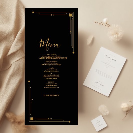 Menu Elégant Mariage Art déco noir et or