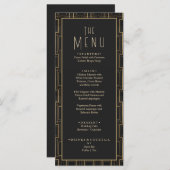 Menu Élégant Mariage Art déco noir & or Gatsby (Devant / Derrière)