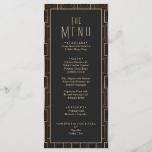 Menu Élégant Mariage Art déco noir & or Gatsby