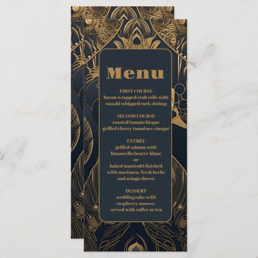 Menu Elégant Mariage Art Déco Peacocks (Devant / Derrière)