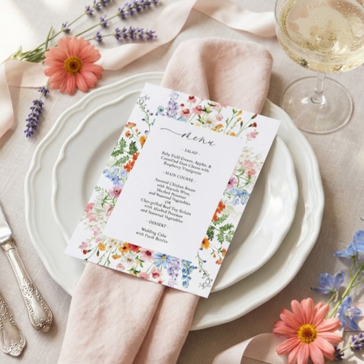 Menu Élégant Mariage aux Fleurs Sauvages Colorées