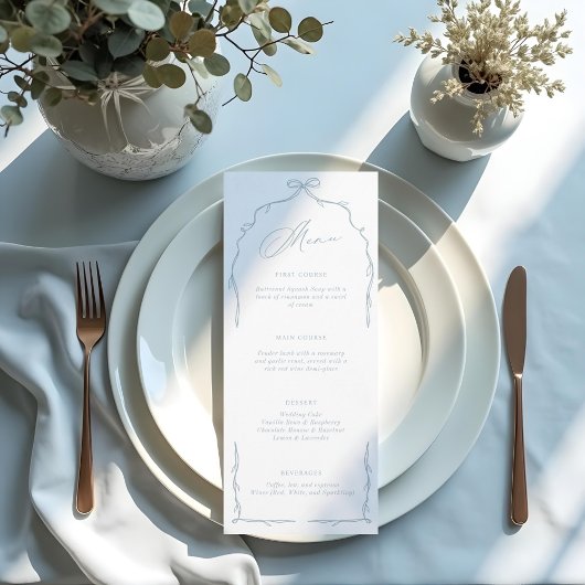 Menu Elégant Mariage Bleu Main Tirée Bow & Ribbon