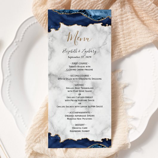 Menu Élégant mariage bleu marine agate dorée marbre