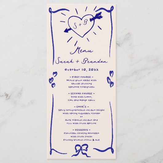 Menu Elégant Mariage bleu rétro tiré à la main (Devant)