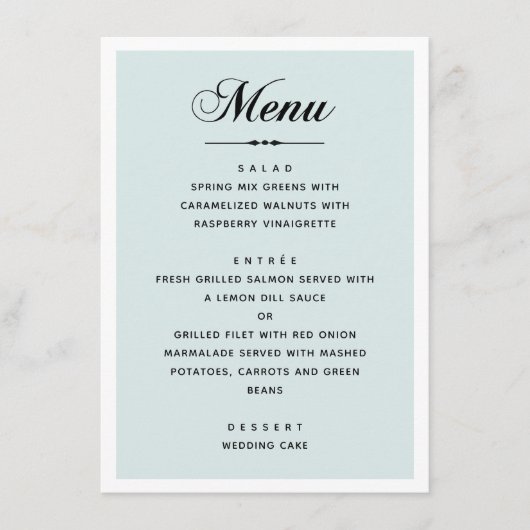 Menu Elégant mariage bleu. Script de calligraphie class (Devant)