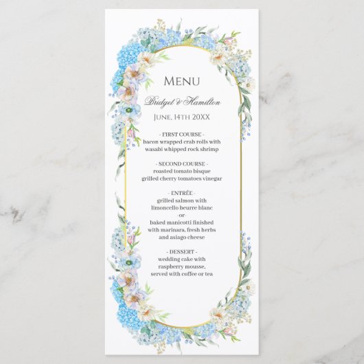 Menu Élégant Mariage Blue Hydrangea (Devant)