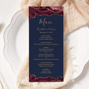 Menu Élégant mariage bordeaux or agate bleu marine