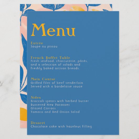 Menu Elégant mariage botanique bleu et jaune (Devant / Derrière)
