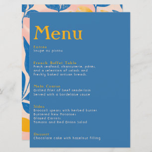 Menu Elégant mariage botanique bleu et jaune