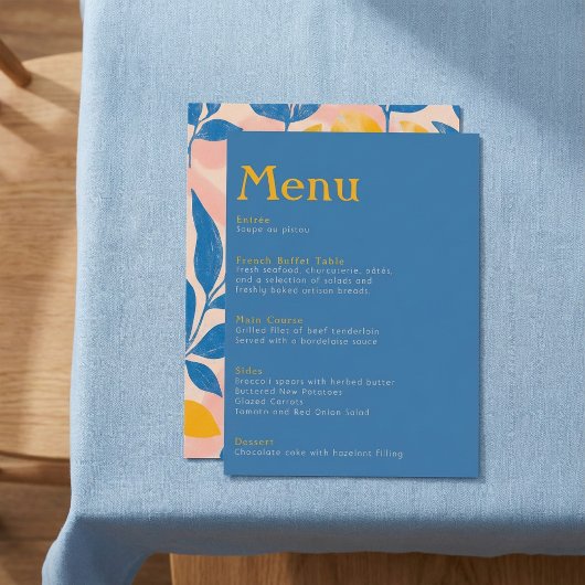 Menu Elégant mariage botanique bleu et jaune